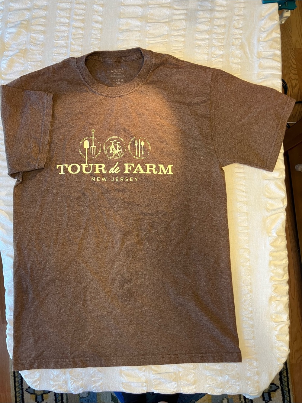 Port and Company Brown "Tour de Farm" Short Sleeve Tee with Yellow Graphic